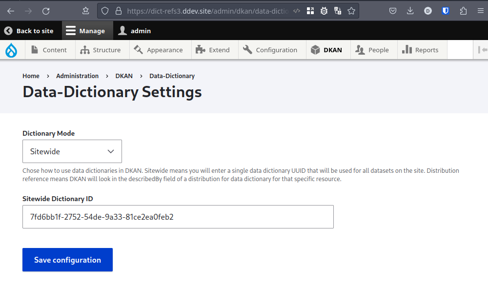Data dictionary settings admin page, with select input for "Dictionary Mode" set to "Sitewide" and text input for Sitewide Dictionary ID containing the identifier 7fd6bb1f-2752-54de-9a33-81ce2ea0feb2.